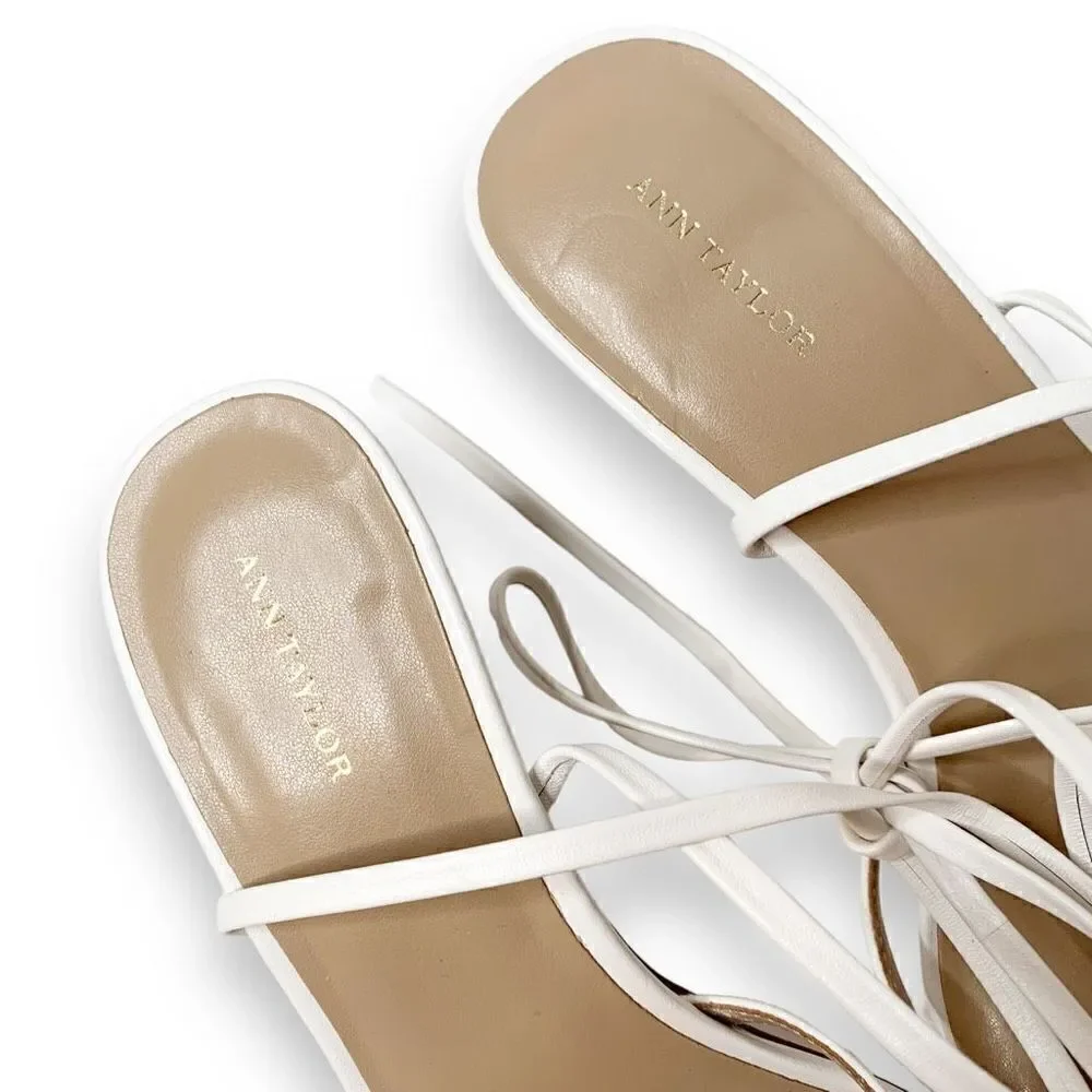 Ann Taylor White Leather Strappy Ankle Wrap Square Toe Sandal Heels Women’s 9.5M